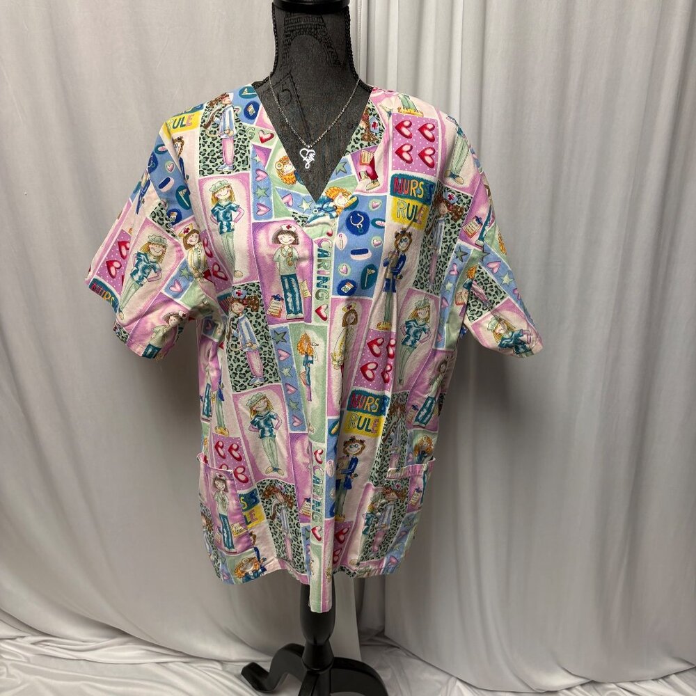 White Swan Scrub Top Womens Size XL Nurses Rule Cartoon Short Sleeve V-Neck